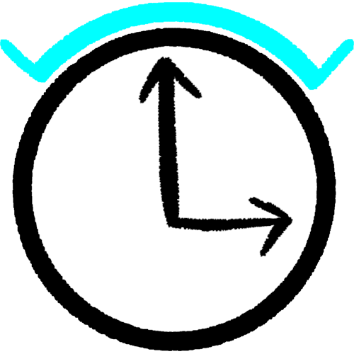 a white clock with a cyan curved line on top and around a third of the clock. The ends of the line have perpendicular lines, like walls.